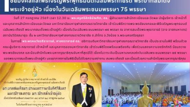 Photo of ผู้บริหารและเจ้าหน้าที่สำนักทะเบียนและวัดผล เข้าร่วมพิธีถวายพระพรชัยมงคลและพิธีเจริญพระพุทธมนต์เฉลิมพระเกียรติ พระบาทสมเด็จพระเจ้าอยู่หัว เนื่องในวันเฉลิมพระชนมพรรษา 75 พรรษา